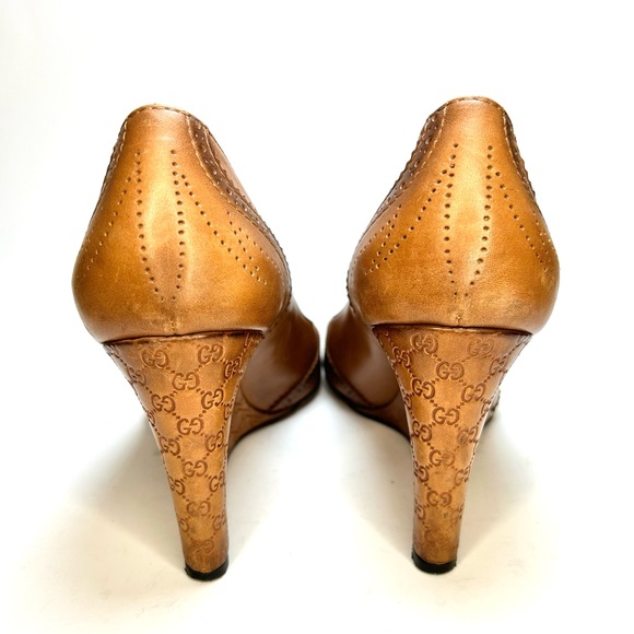 GUCCI Brogue Tan Leather Peep Toe Wedges | 41.5 - Picture 6 of 12
